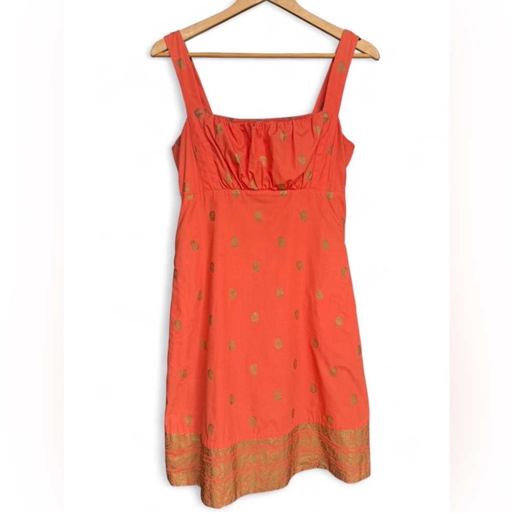 Maeve Anthropologie Fire Island Dress Coral Gold Metallic Paisley Print 4 Orange